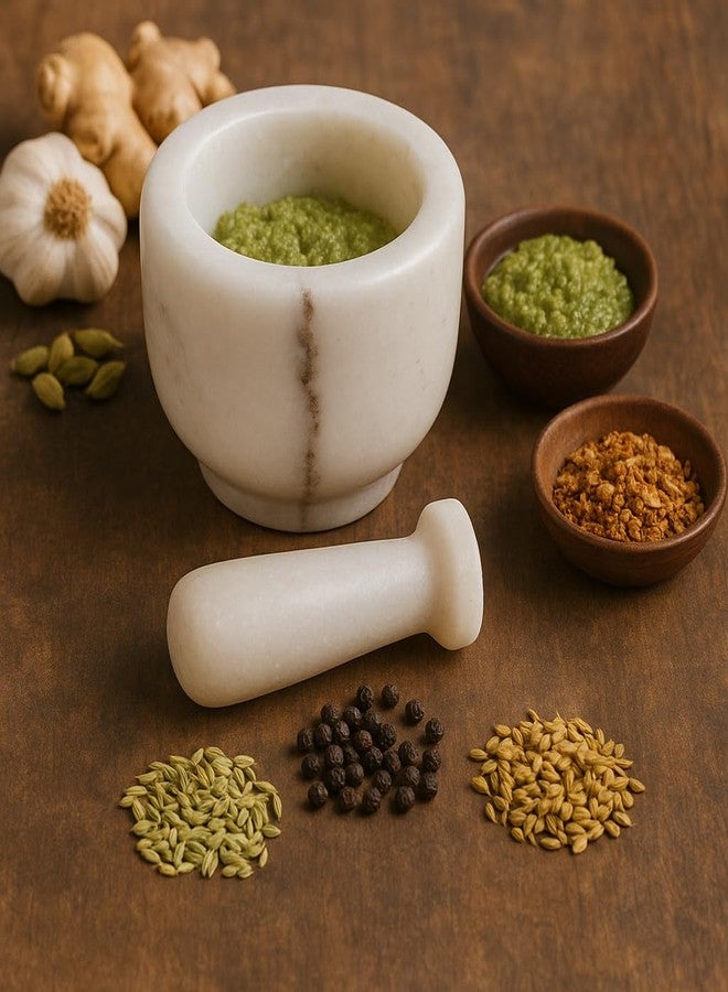 Kunhar مجموعة مدافع هاون ومدقة من الرخام الأبيض الطبيعي من Kunhar، إمام داستا، أوكلي موسال، خارال - 4 × 2.5 بوصة، أبيض، (نصف ملمع) - Image 1